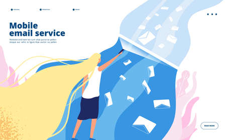 Mobile email service. Phone newsletter inbox verification spam filtering virus protection mailbox marketing mail safety vector concept. Letter email spam, protect mailbox from spam illustrationのイラスト素材