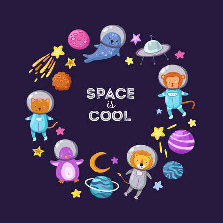 Space animals background. Cute baby animal astronauts flying kid pets cosmonauts cartoon funny spaceman science vector poster. Astronaut and spaceship, penguin and monkey, lion and seal illustrationのイラスト素材