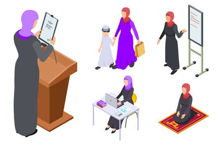 Isometric arab woman vector design. Muslim businesswoman, teacher, mother, student. Arabian teacher and islam lady pray illustrationのイラスト素材