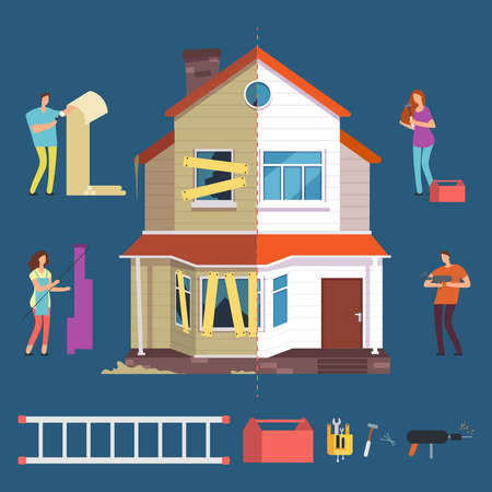 Repair and renovation house vector concept. People with tools characters. Illustration improvement and transformation, repairman and woman painterのイラスト素材