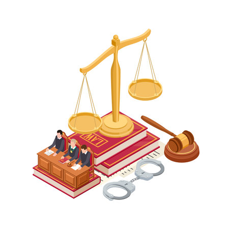Isometric law and justice vector concept. 3D scale of justice, mallet, law book and judge isolated on white background. Justice and law, courtroom isometric, judge and court illustrationのイラスト素材