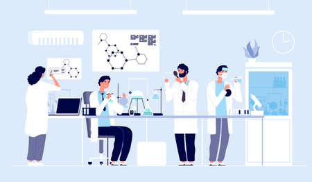 Scientists in lab. People in white coat, chemical researchers with laboratory equipment. Drug...