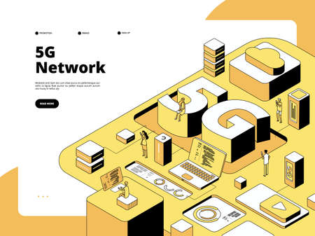 5g concept. Wifi broadcasting 5g technology, speed internet in smartphone. Global network hotspot isometric vector landing page. 5g network generation, connection and telecommunication illustrationのイラスト素材