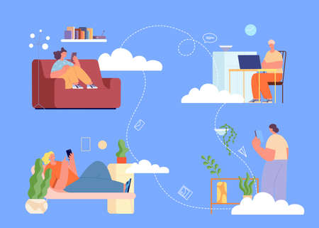 Team work in cloud service. Remote job and communication, home office. People talk in web. Storage or database vector concept. Illustration of network service remote workingのイラスト素材