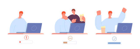 Caffeine energy. Tired sleepy man drink coffee and get more active. Office routine, businessman and colleague. Manager at work vector concept. Illustration of drink caffeine beverageのイラスト素材