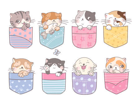 Doodle pocket cats. Kitten in pockets, happy cartoon cute cat. Fashion baby pet, adorable kittens faces. Childish mascot, kids decorative nowaday vector characters. Illustration of cute kitten and catのイラスト素材