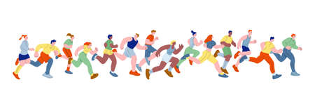 People running marathon. Fast run person, speed athletes. Isolated sport cartoon flat characters. Women men activity, race competition kicky vector scene. Illustration of marathon fasting runのイラスト素材