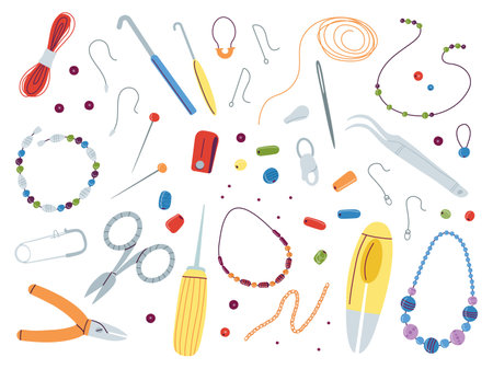 Jewelry making tools. Beads mix and art hand work, handicrafts or workshop accessories. Make rings, earrings or necklace, craft bracelet decent vector elements of jewelry for craft making illustrationのイラスト素材