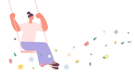 Spring vibes. Girl on swing in flowers flow. Summer vacation, happiness and positive mood. Woman dreams, floral good fantasy vector scene. Illustration of girl swing and dreamのイラスト素材