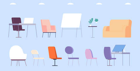 Office furniture. Conference room chairs, desk, presentation board. Corporate meeting furnitures, business center vector elements. Illustration of office furniture interiorのイラスト素材
