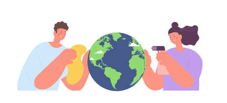 Woman and man care about earth. Save the planet, environment protect. Eco concept, adults cleaning globe, vector scene. Illustration of ecology earth and planetのイラスト素材