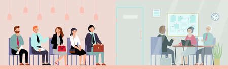 Job interview in office. Young man and interviewer, corporate recruitment. Business people waiting line, employees or candidate queue, decent vector scene. Man and woman wait interview illustrationのイラスト素材