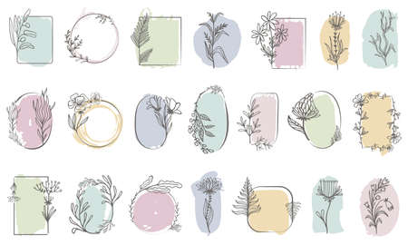 Floral frames design. Graphic hand drawn botanical wreath with flowers and branches. Elegant square and circle elements, wedding neoteric vector set. Illustration of floral graphic drawnのイラスト素材