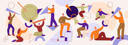 Collecting geometric shapes. Person organizing work and collect abstract figures with team. Business chaos, teamwork together kicky vector illustration. Geometric shape arrangeのイラスト素材