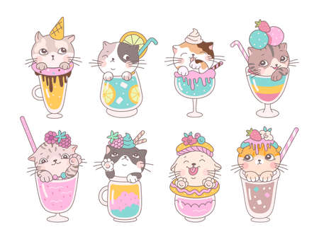 Kitten summer cocktails. Cartoon cat drink, cute fresh cocktail and shakes with little kittens. Animal in glass with fruits, kawaii pet nowaday vector set of character animal doodle illustrationのイラスト素材