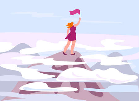 Human on rock top. Mountain climbing scene, woman on peak over clouds with flag. Business leadership success, kicky businesswoman victory vector scene. Illustration of top mountain peakのイラスト素材