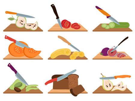 Raw food cutting. Chef cut vegetables and fruits with knife on wood board. Healthy shack, salad ingredients prepare. Chop bread and meal decent vector set. Illustration of cut fruit raw foodのイラスト素材