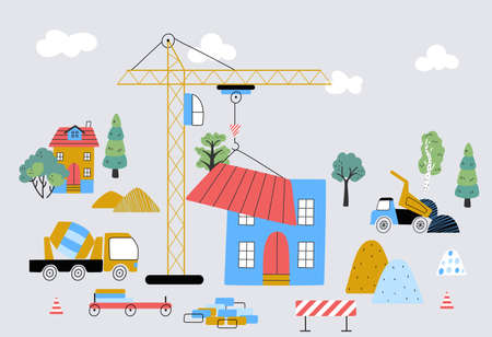 Building houses childish print. Cute poster with home, construction transport and tree. Tiny town for baby, nowaday village scandinavian vector background. Illustration of childish building drawingのイラスト素材
