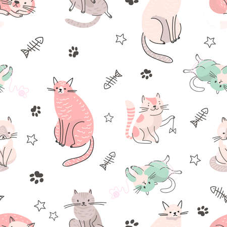 Cute cat seamless pattern. Doodle cats, home pets scandinavian style. Kitten sit and play, animal childish vector print. Illustration of kitten pattern wallpaperのイラスト素材
