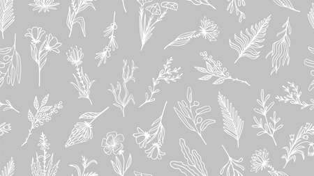 Doodle wild flowers seamless pattern. Decorative floral print, hand drawn forest flower and branches vector background. Fashion natural elements template. Illustration of pattern summer floral drawingのイラスト素材