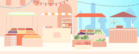 East market street landscape. Fruit vegetables stall, counters with jewelry and spices, hand made gifts. Asian empty shopping bazaar, travel vector banner. Illustration of traditional morocco townのイラスト素材