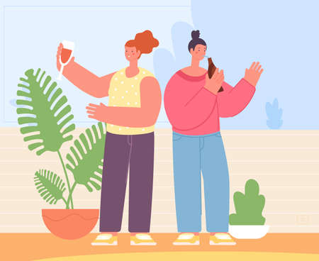 Girls drinking cocktails, female friendship. Friends together, drink party. Cartoon positive characters, vector scene. Illustration of friendship femaleのイラスト素材