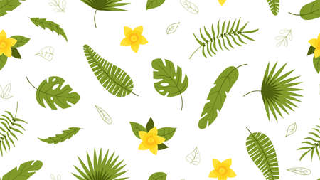 Green tropical plants, leaves and flower. Nature organic seamless pattern. Exotic leaf, bright...