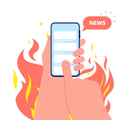 Hand with smartphone. Hot breaking news, online information in fire flame. Info flow, person and digital addiction vector concept. Media breaking news and information on smartphone illustrationのイラスト素材
