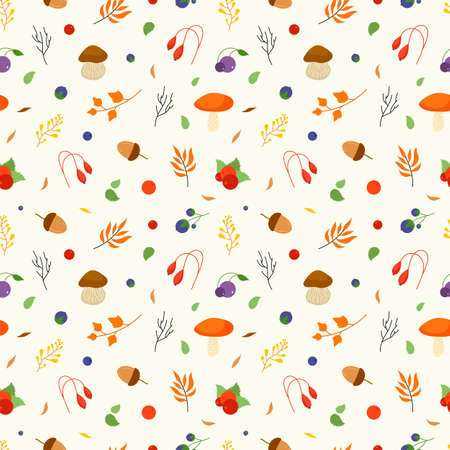 Mushroom, acorn and branches template. Autumn forest nature seamless pattern, yellow orange leaves and berries. Seasonal vector background design. Background mushroom and leaf forest illustrationのイラスト素材