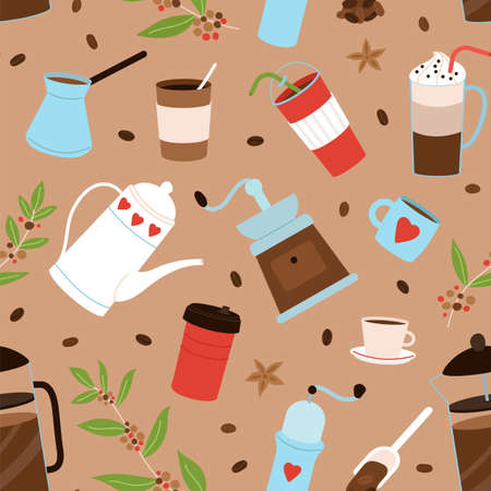 Coffee seamless pattern. Hygge breakfast element, coffee shop restaurant or cafe print template. Mugs and brazil drink beans decent vector background. Illustration of wallpaper breakfast coffeeのイラスト素材