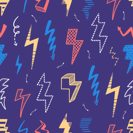 Doodle lightning seamless pattern. Sketch thunder lights, girlish print design. Superhero electric...