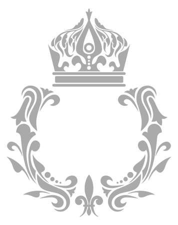 Heraldric frame with crown and ornate filigree. Decorative emblem isolated on white backgroundのイラスト素材