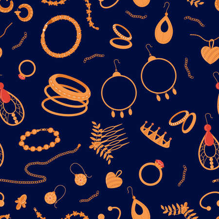 Gold jewelry seamless pattern. Rings, earrings, golden chain and heart shape pendant. Bracelets with gems, vector luxury accessories print. Illustration of jewelry gold designのイラスト素材