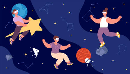 Kids playing in VR glasses, computer game or astrology lesson in artificial reality. Vector children...