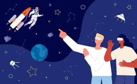 Man woman in VR glasses looking at universe. Artificial reality, space with planets, constellations...