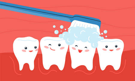Teeth hygiene. Comic shiny dental paste, smiling tooth. Orthodontic humor childish poster. Mouth cleaning with brush, health caring decent vector background of dental hygiene and careのイラスト素材