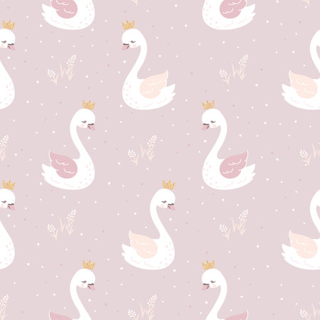 Cartoon cute swan print. Swans princess on pink seamless pattern. Girl fabric design, baby nursery texture with cartoon birds. Animal in crown vector background. Illustration of princess swan in crownのイラスト素材