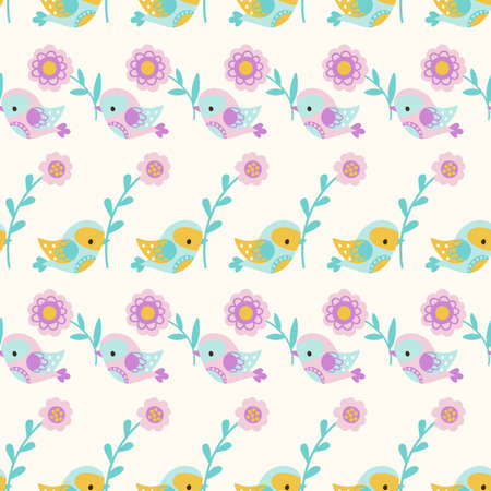 Folk cute birds with flowers seamless pattern. Flying bird, scandinavian style fashion fabric print. Kids design, simple decorative vector background of spring folk floral, bird folkloreのイラスト素材