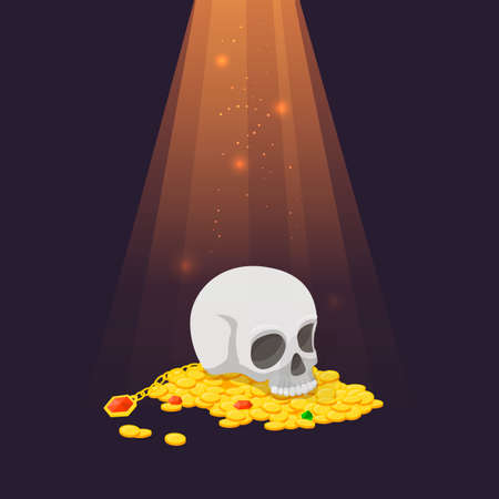 Human skull on gold coins pile. Treasure in light ray with glowing flying lights. Game design elements, adventure vector wealth, golden money and jewelry. Skull pirate and gold coins illustrationのイラスト素材