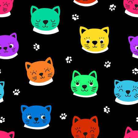 Kitten heads seamless pattern. Cat faces fabric print, neon color characters and paws vector background. Childish decorative design. Illustration of kitten head pattern, cat print decorationのイラスト素材