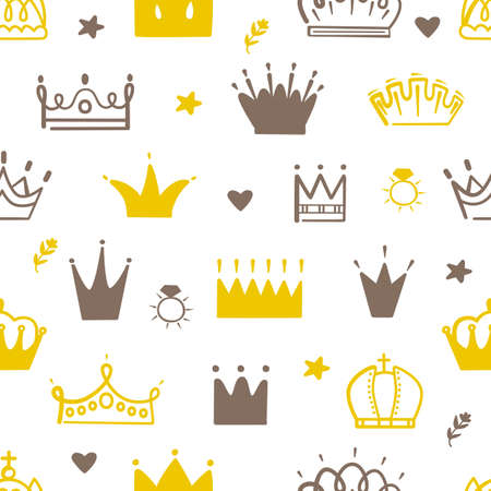 Princess crown seamless pattern. Crowns print, baby queen party background. Cute doodle nursery fabric print, royalty elements neoteric vector texture. Illustration of crown seamless pattern printのイラスト素材