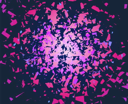 Broken particles burst. Shattered style background, colorful abstract geometric explosion. Vector...