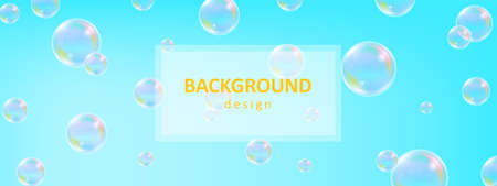 Transparent soap bubbles background. Colorful realistic flying bubble on blue backdrop. Vector abstract banner for ad, header, web page design template of soap reflection illustrationのイラスト素材
