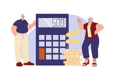 Retirement savings. Happy old couple calculating money. Rich grandparents, coins and calculator. Financial independence retired vector concept. Illustration of calculation tax and savingのイラスト素材