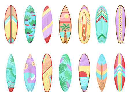 Cartoon surfing board. Surf gear, surfboard isolated for sea training. Water sport decoration boards, flat hawaii longboard decent vector summer elements. Illustration of sport board for surfingのイラスト素材