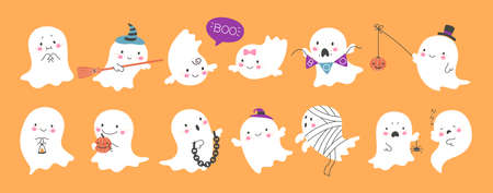 Cute ghost. Happy halloween ghosts characters, spooky expression creature. Funny scary magic demon with pumpkin, mystery creative nowaday vector clipart. Illustration of halloween ghostのイラスト素材