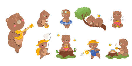 Cute cartoon bear. Emotions baby bears, teddy toy design various poses. Funny wild animal eating honey, sleep and read book, forest vector character of teddy baby bear design graphic illustrationのイラスト素材