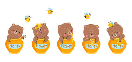 Bear in honey jar. Kids cute teddy bears friend, sweet cartoon forest animal and bee. Nice funny jars with children toy eating, sleep, joyful nowaday vector characters bear with honey illustrationのイラスト素材