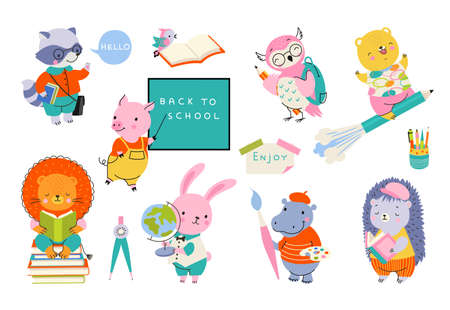 Cute animal back to school to study. Smart animals writing, reading book and drawing. Cartoon pig at blackboard, funny students nowaday vector characters hippopotamus and hedgehogのイラスト素材
