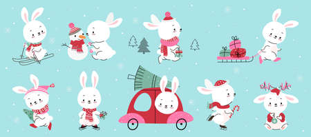 New year 2023 rabbit. Cartoon winter rabbits, sweet bunny and snowman, christmas gifts and tree. Holiday eve characters, baby animals nowaday vector collection. Illustration of rabbit celebrationのイラスト素材